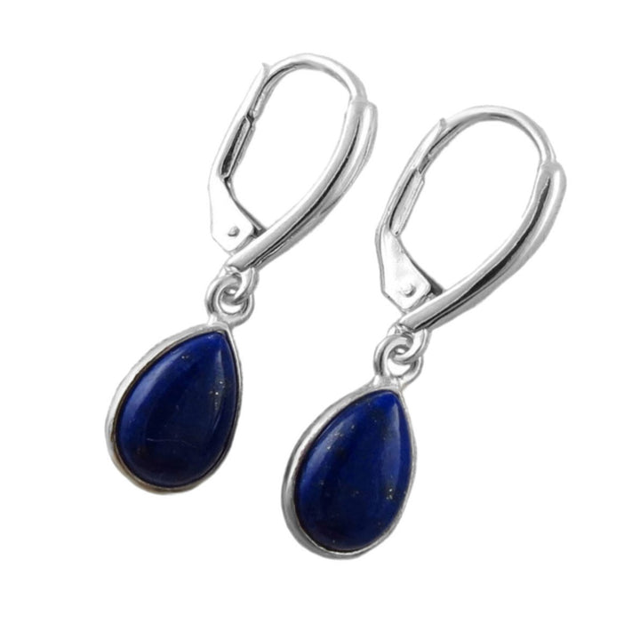 925 sterling silver and lapis lazuli earrings with lever back hooks on a white background. 