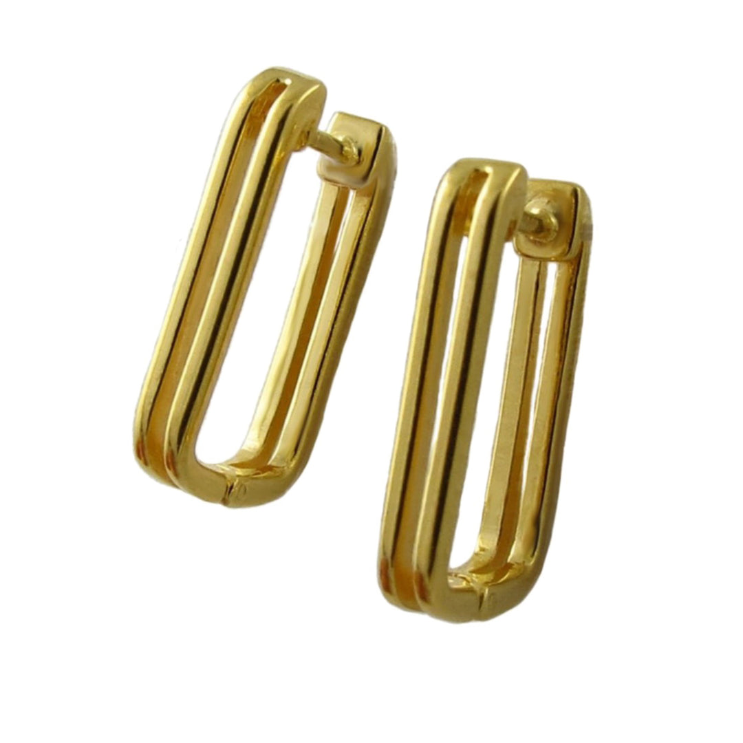 A pair of 9ct gold rectangle hoop earrings with a double-bar design, shown on a plain white background.