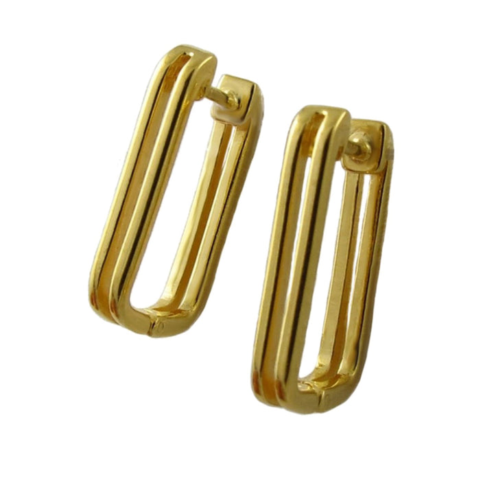 A pair of 9ct gold rectangle hoop earrings with a double-bar design, shown on a plain white background.