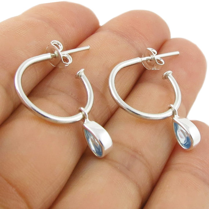 March Birthstone Aquamarine CZ Hoop Silver Earrings