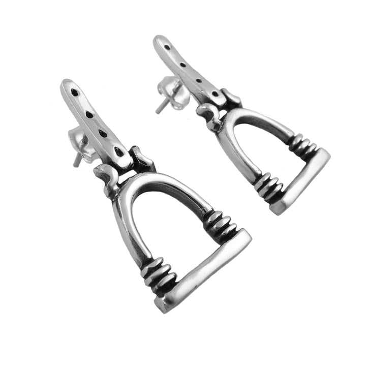 A pair of equestrian horse sterling 925 silver  earrings shaped like horse stirrups, shown on a plain white background.