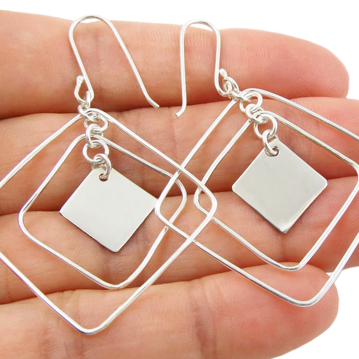 Modern Square Dangling Silver Earrings
