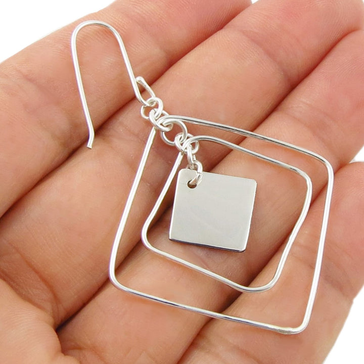 Modern Square Dangling Silver Earrings