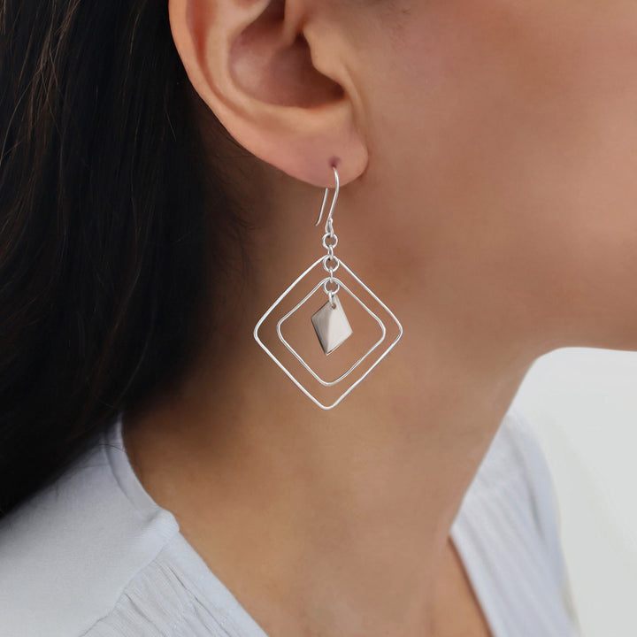 Modern Square Dangling Silver Earrings