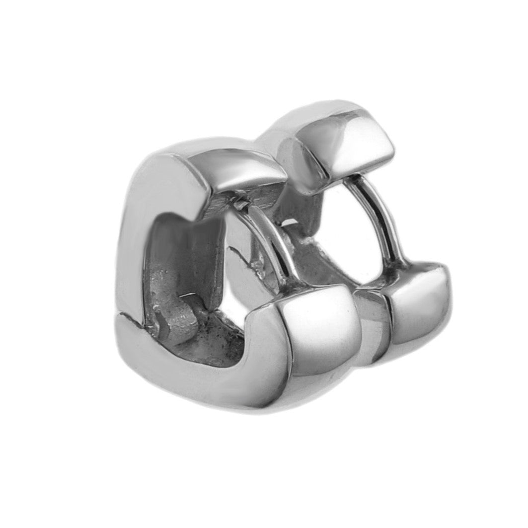 Chunky polished 925 sterling silver huggie drop earrings in the shape of hearts shown on a plain white background.