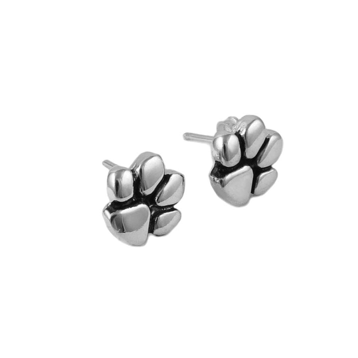 Pair of 925 sterling silver animal paw print stud earrings on a white background with measurement scale.