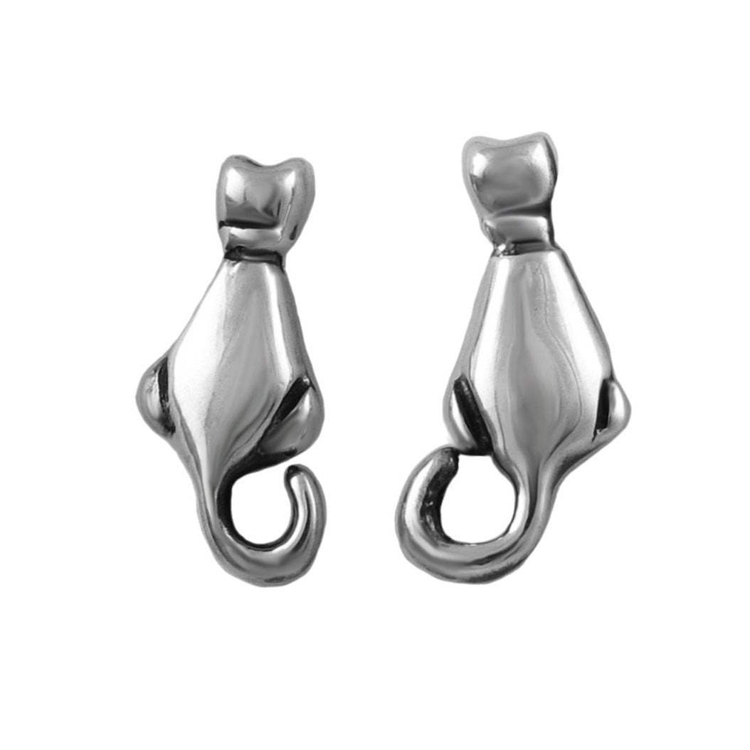 Sterlling 925 Silver cat animal earrings on a white background