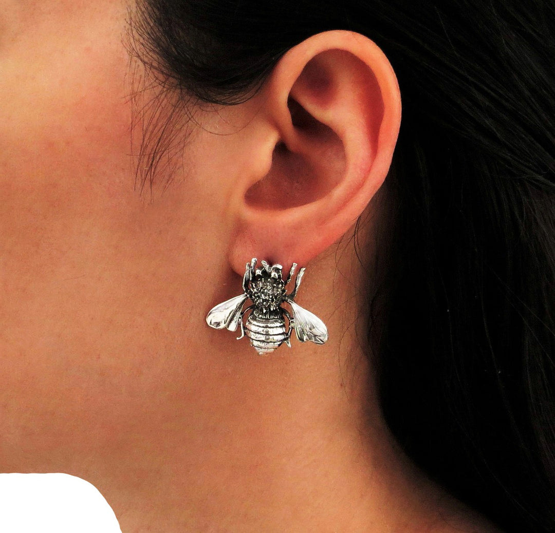 Large Sterling Silver Bee Earrings