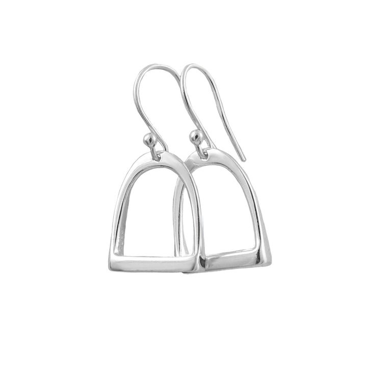 925 sterling Silver equestrian horse stirrup earrings with hook fastener on a white background