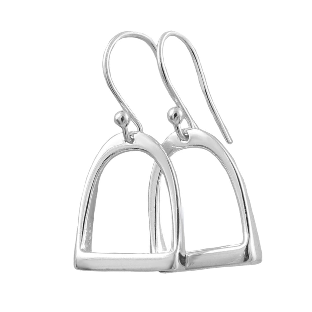UK 925 sterling Silver equestrian hore stirrup earrings on a white background