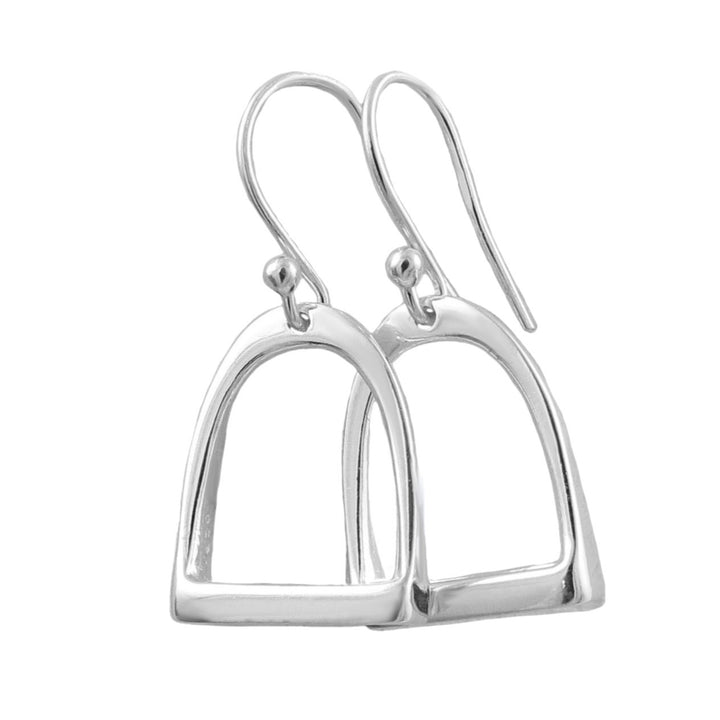 UK 925 sterling Silver equestrian hore stirrup earrings on a white background