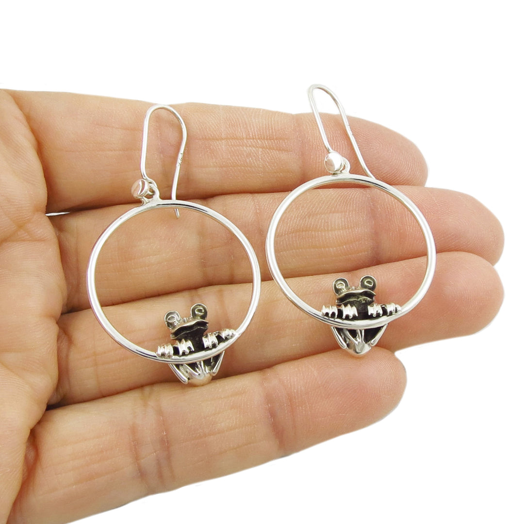 Sterling Silver Sitting Frog Dangling Hoop Earrings