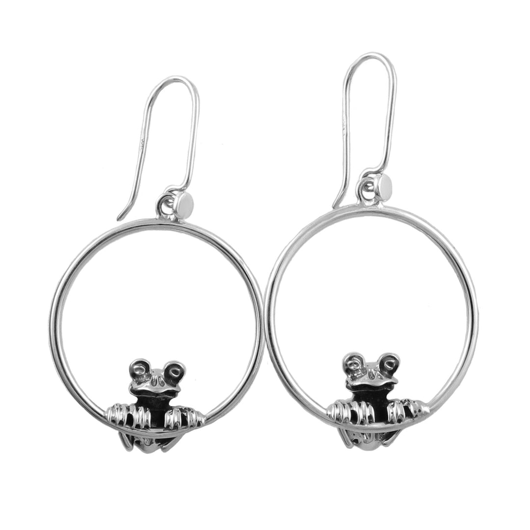 Sterling Silver Sitting Frog Dangling Hoop Earrings