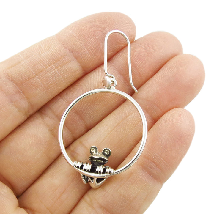 Sterling Silver Sitting Frog Dangling Hoop Earrings