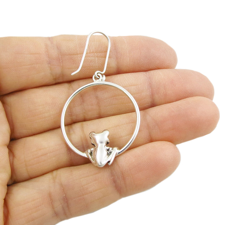 Sterling Silver Sitting Frog Dangling Hoop Earrings