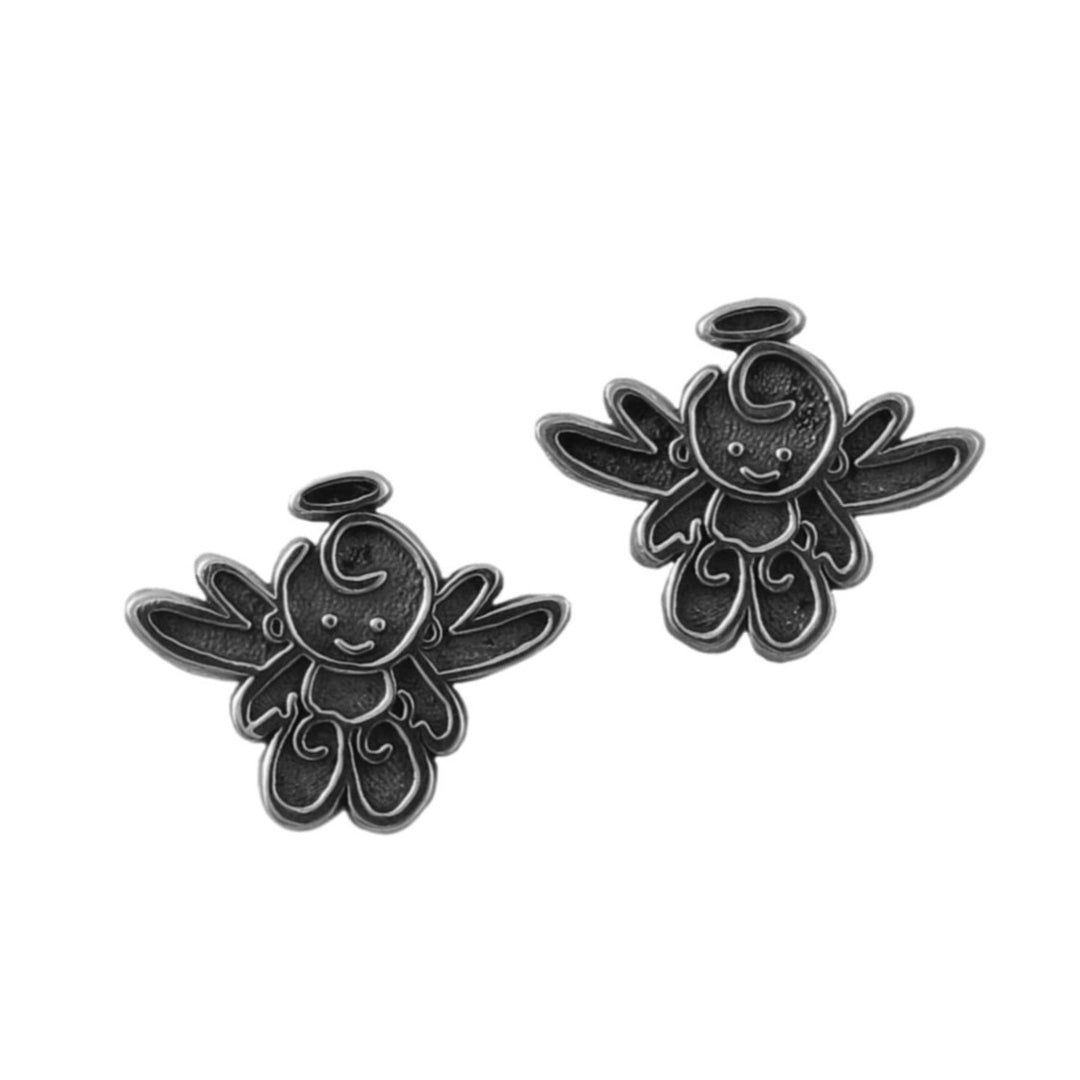 Pair of 925 sterling silver angel stud earrings on a white background