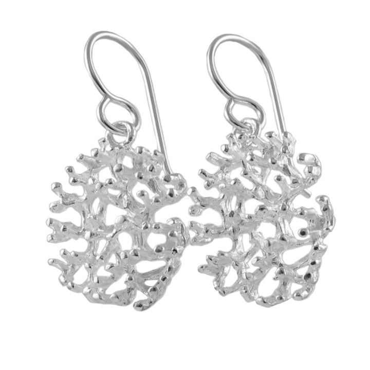 A pair of 925 sterling silver coral shaped earrings with a mixed matte and polished finish, suspended from hook fasteners.