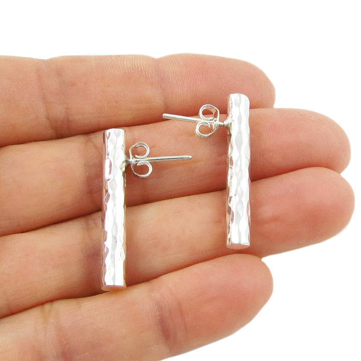 Long Hammered Silver Stick Earrings