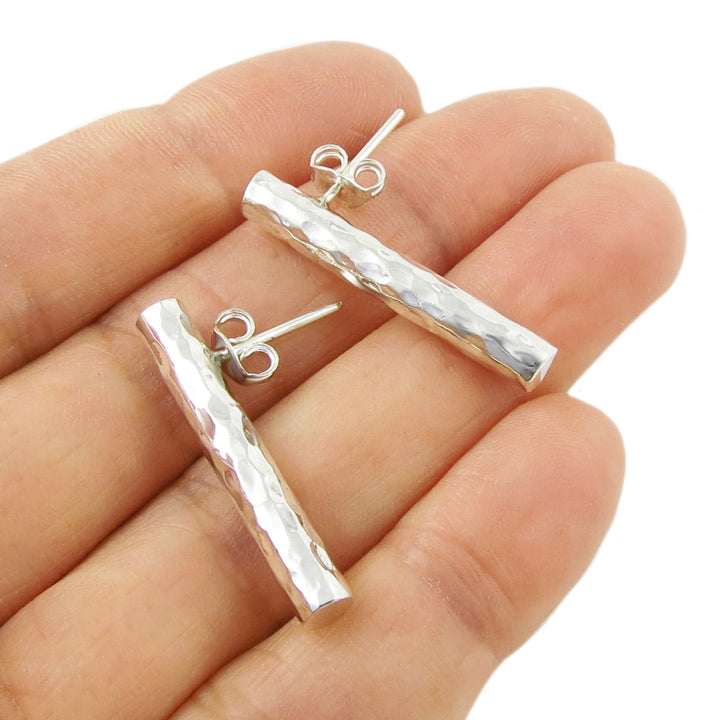 Long Hammered Silver Stick Earrings