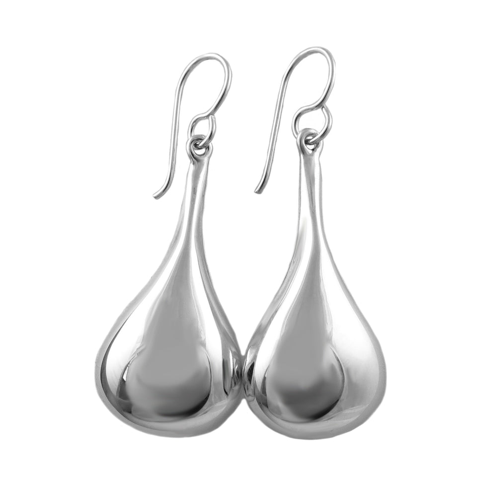 A pair of large 925 sterling silver three dimensional teardrop earrings with a polished finish, hanging from hooks.