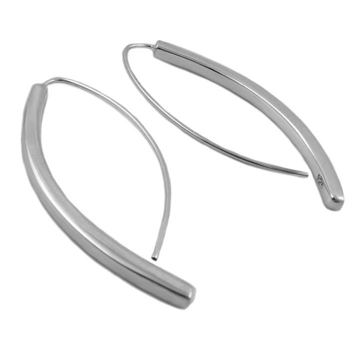 Long solid 925 sterling silver handmade threader earrings featuring curved drops on a white background. 