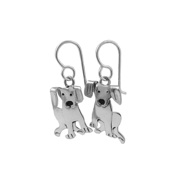 Pair of 925 silver earrings in the shape of Labrador dogs on a white background. 