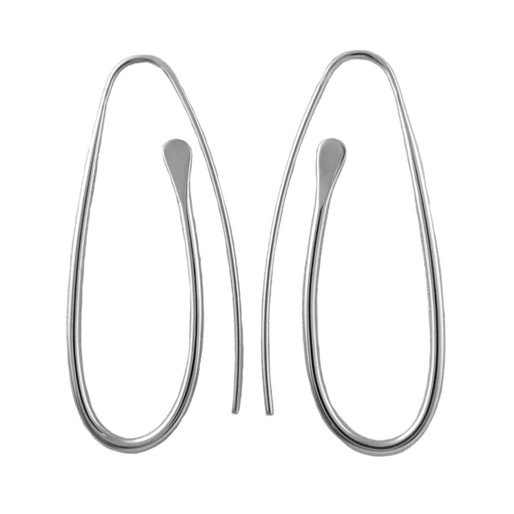 Pair of minimalist sterling 925 silver threader oval hoop earrings for women on a white background