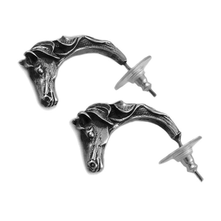 Pair of 925 sterling silver equestrian horse head earrings on a white background