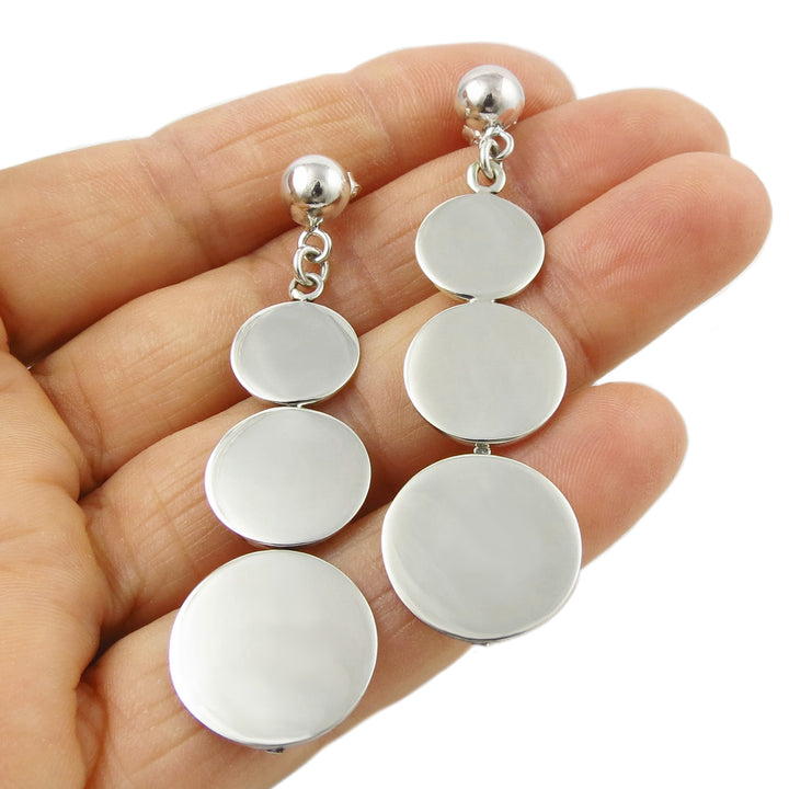 Long Handmade Circle Drop 925 Sterling Silver Earrings