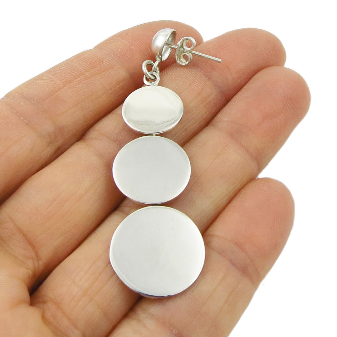 Long Handmade Circle Drop 925 Sterling Silver Earrings