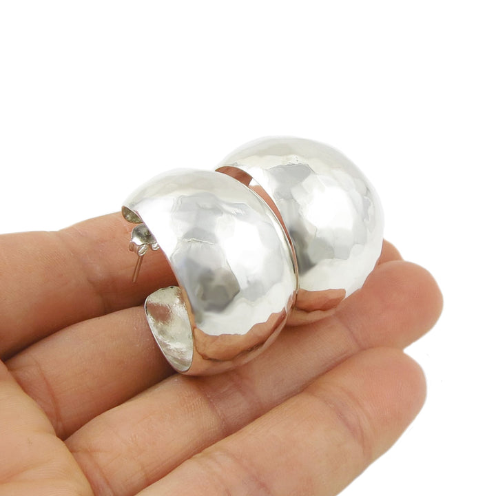 Hammered Hoops Sterling Silver Heavy Circle Earrings