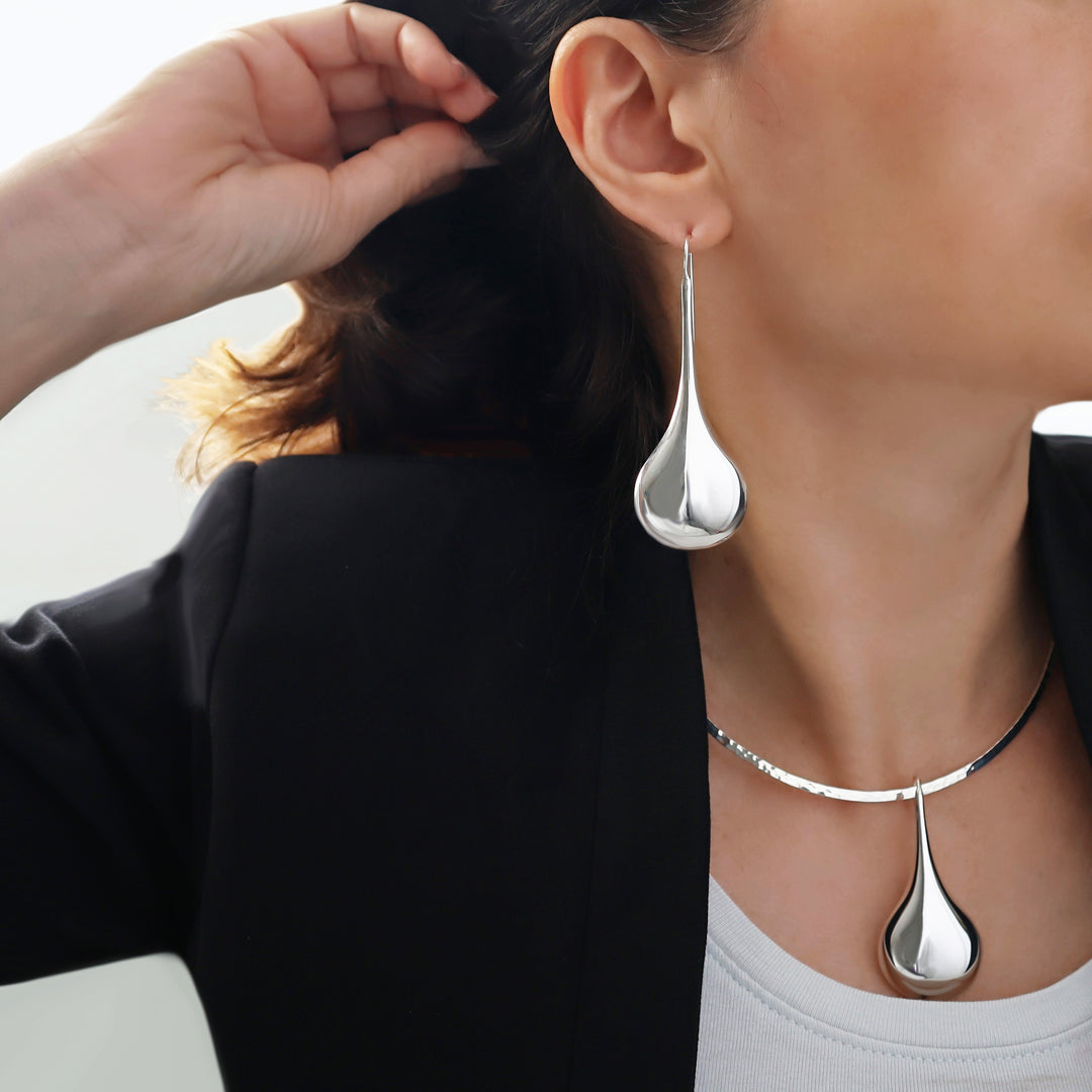 Large Silver Teardrop Pendant Necklace