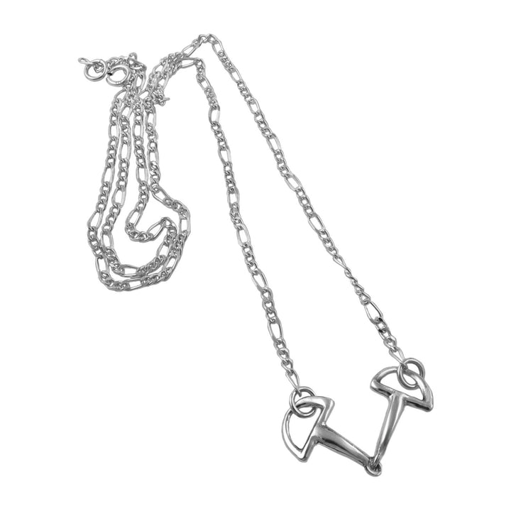 A long sterling silver pendant and figaro chain hore snaffle pendant and chain necklace on a white background