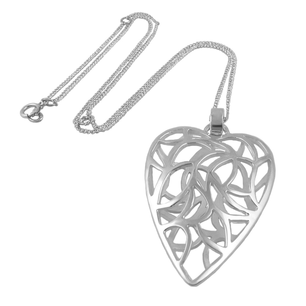 A large UK hallmarked 925 sterling silver heart-shaped pendant necklace on a white background