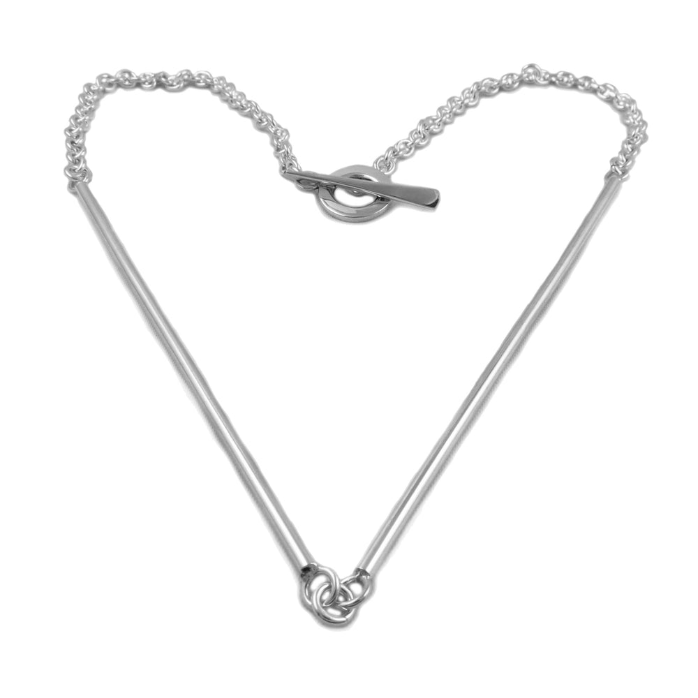 Unique sterling silver necklace for women featuring a chunky chain and stick centre-piece on a white background.