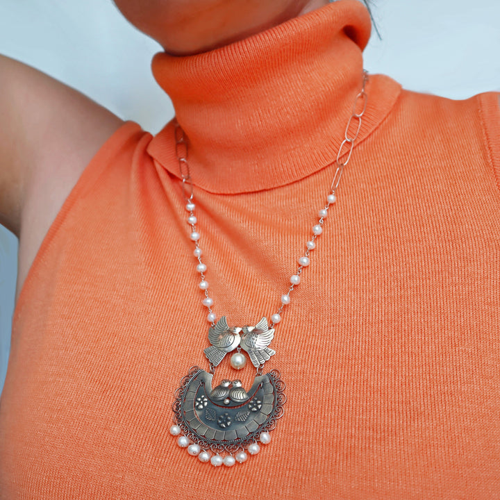 Long Maria Belen Taxco Designer 925 Sterling Silver Lovebird Necklace