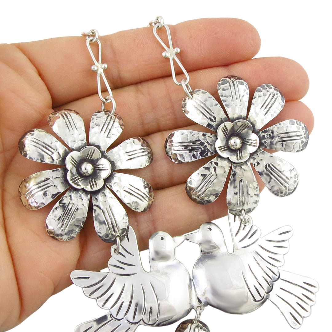 Lovebirds and Flowers Statement Mexican Silver Necklace