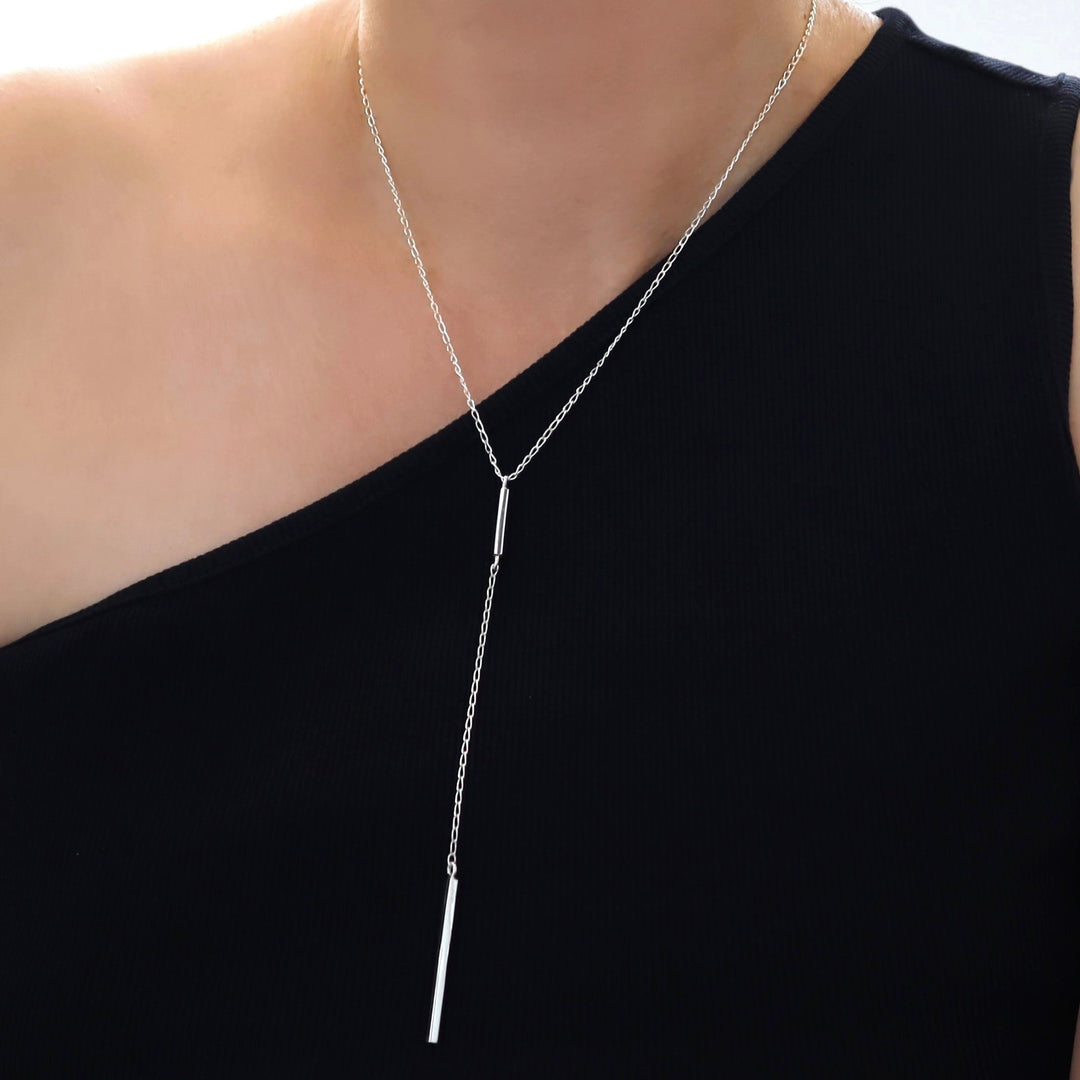 Long Sterling 925 Silver Lariat Chain Stick Necklace