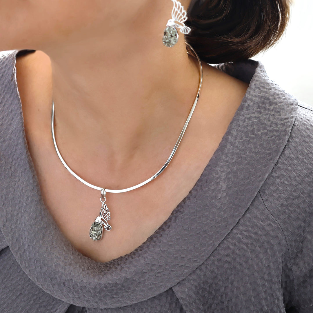 Pyrite Druzy Gemstone Silver Pendant Necklace