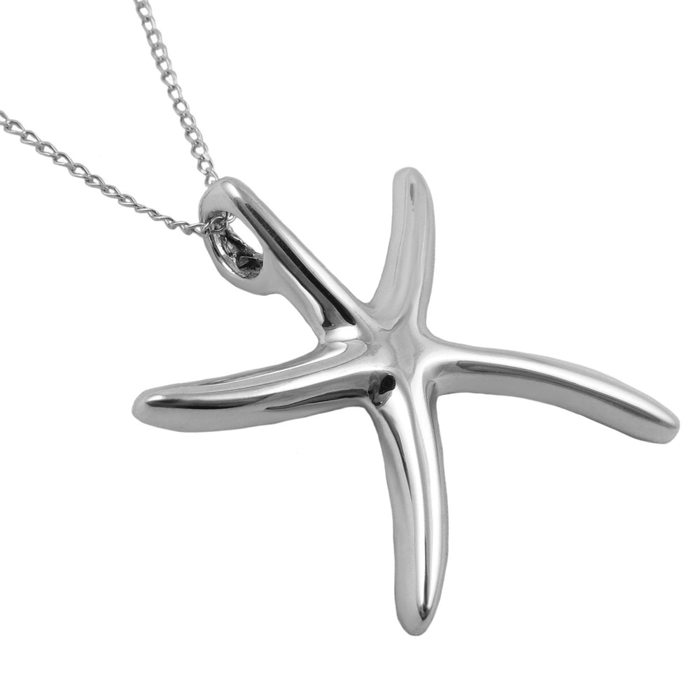 A large handmade sterling 925 silver starfish pendant on a curb chain against a white background