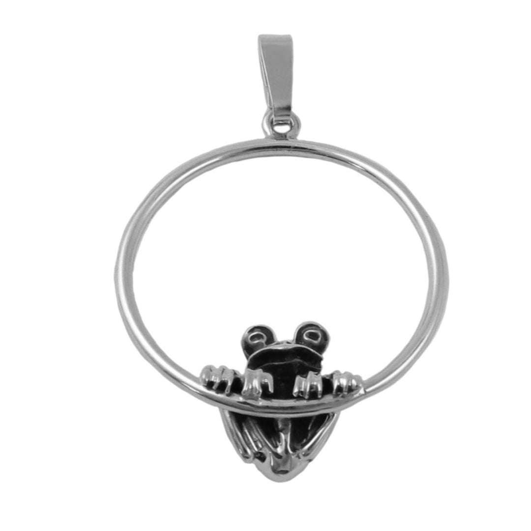 Unique Silver Frog Hoop Pendant Necklace