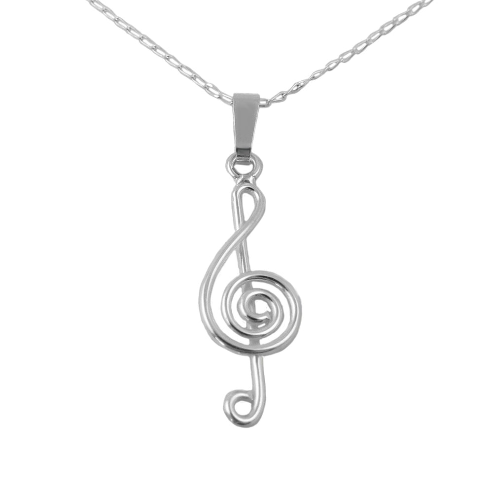 Silver treble clef music note pendant necklace on a curb chain against a white background