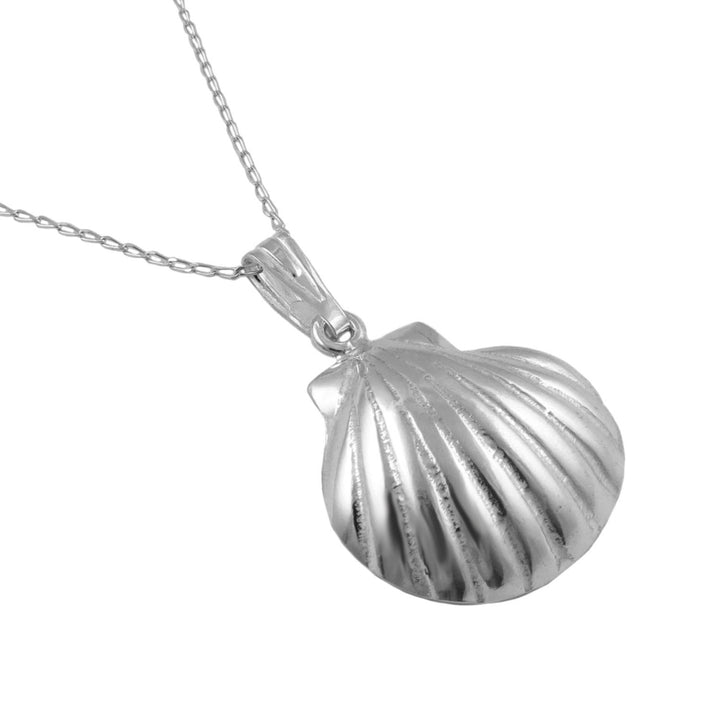 Sterling 925 Silver seashell pendant necklace on a chain against a white background