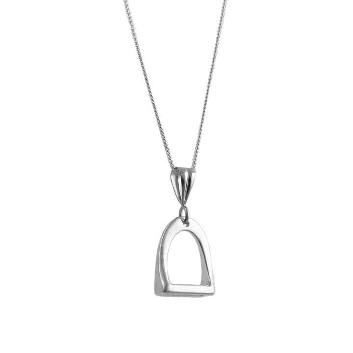A polished 925 sterling silver horse stirrup pendant necklace on a delicate chain, shown against a plain white background.