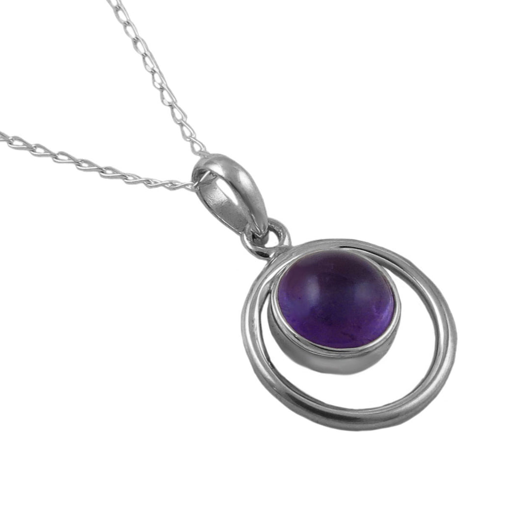 Sterling 925 silver pendant and chain necklace with a purple amethyst gemstone on a white background