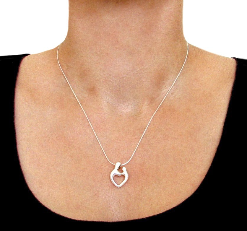 Mother and Child Love Sterling Silver Hug Heart Chain