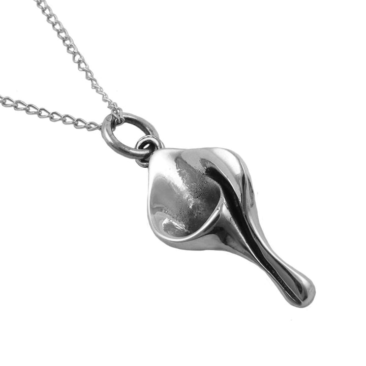 Handmade 925 Silver necklace with a unique calla lily fllower pendant on a chain against a white background