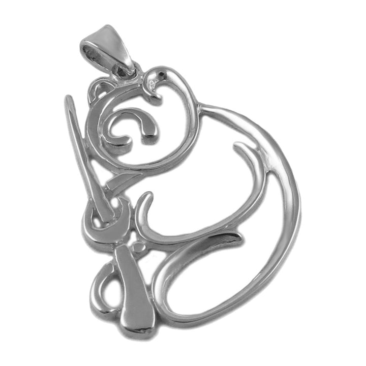 Silver pendant in the silhouette of a panda bear with intricate design on a white background