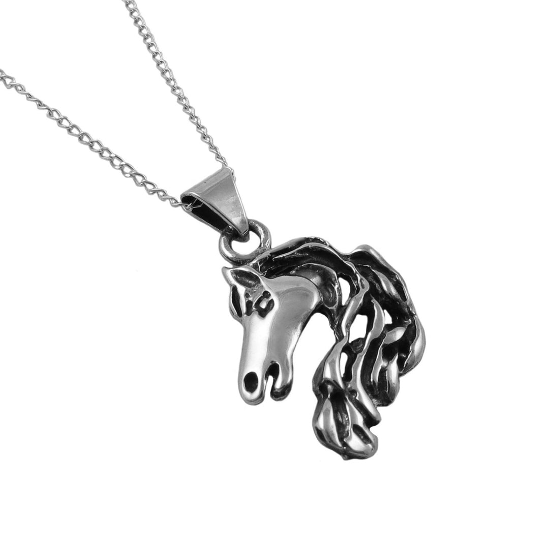 A large sterling 925 silver horse head pendant and chain necklace on a white background