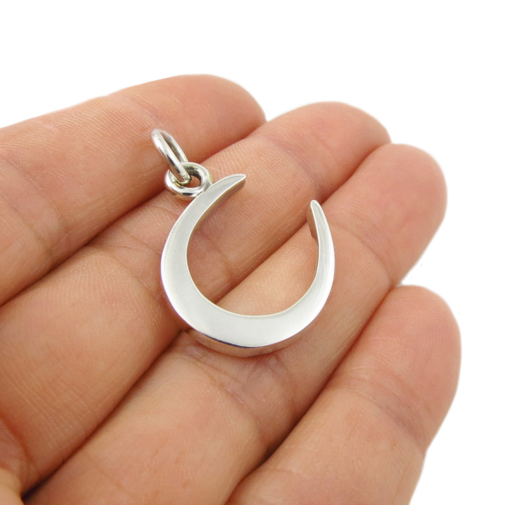 A silver horseshoe held in a person's hand. 